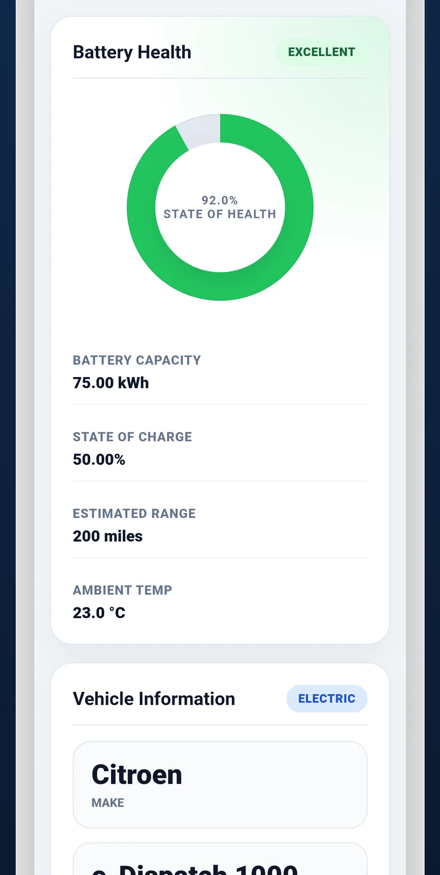 Battery health report section showing excellent state of health