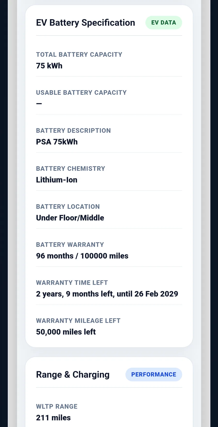 EV battery specification report section showing battery warranty and capacity