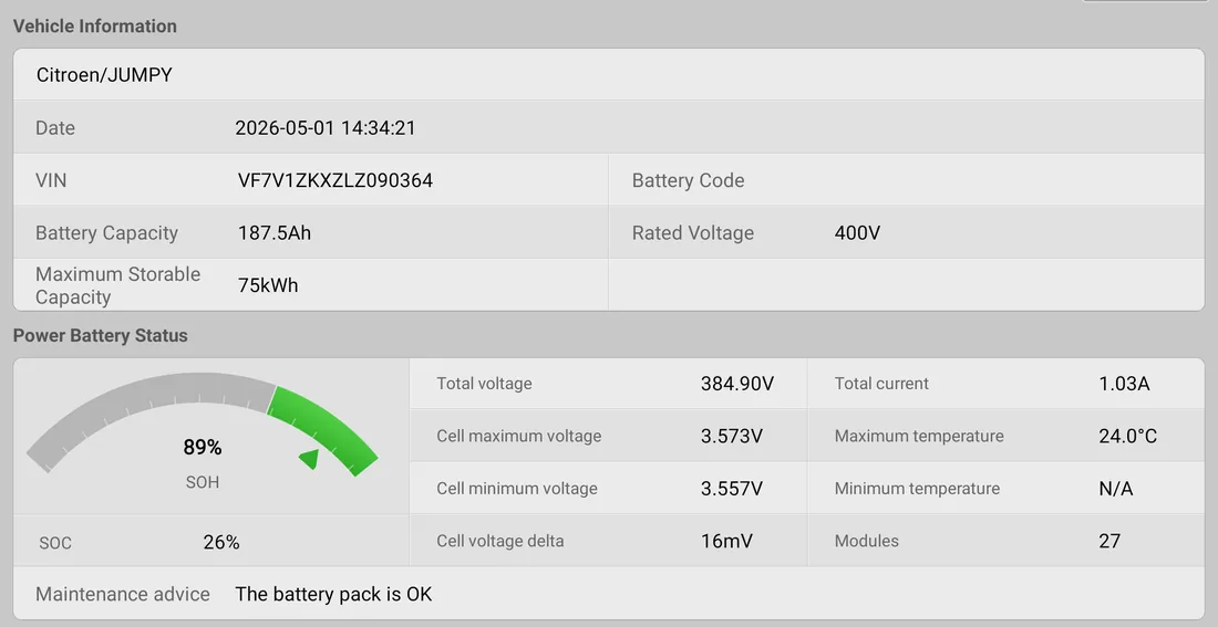 Diagnostic tool report showing power battery status and maintenance advice