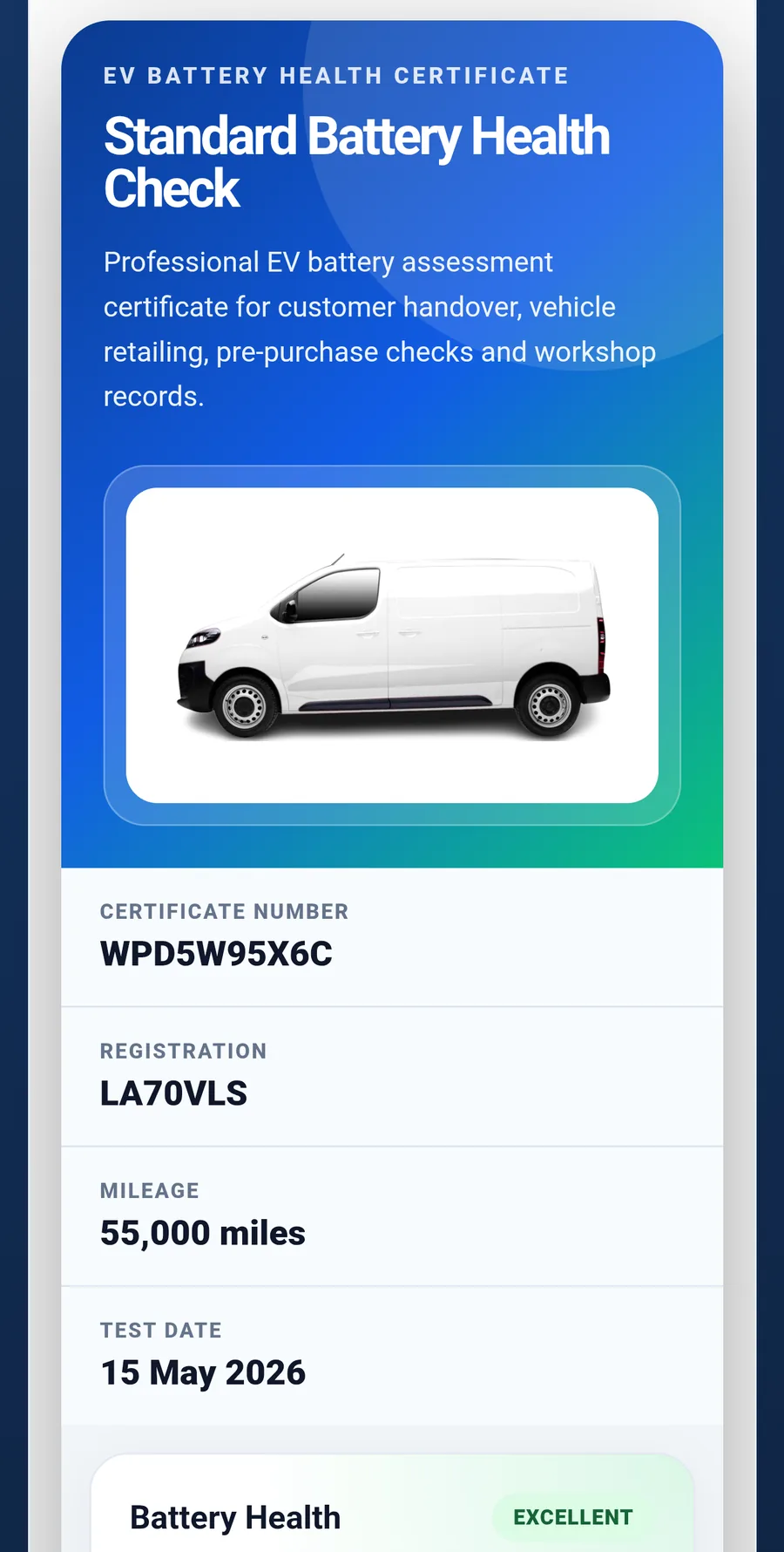 Mobile view of a standard EV battery health check certificate