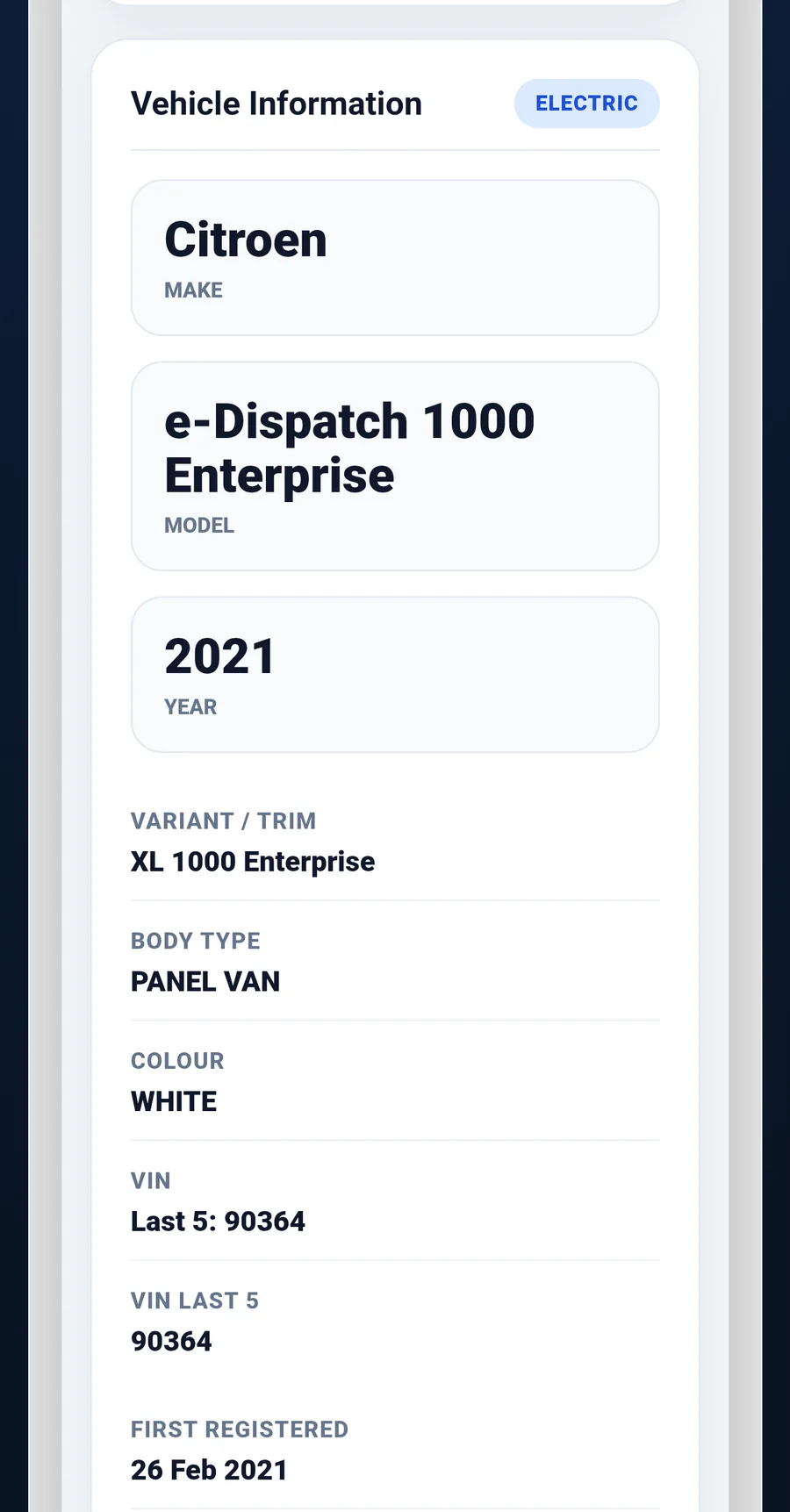 Vehicle information section from EV battery certificate