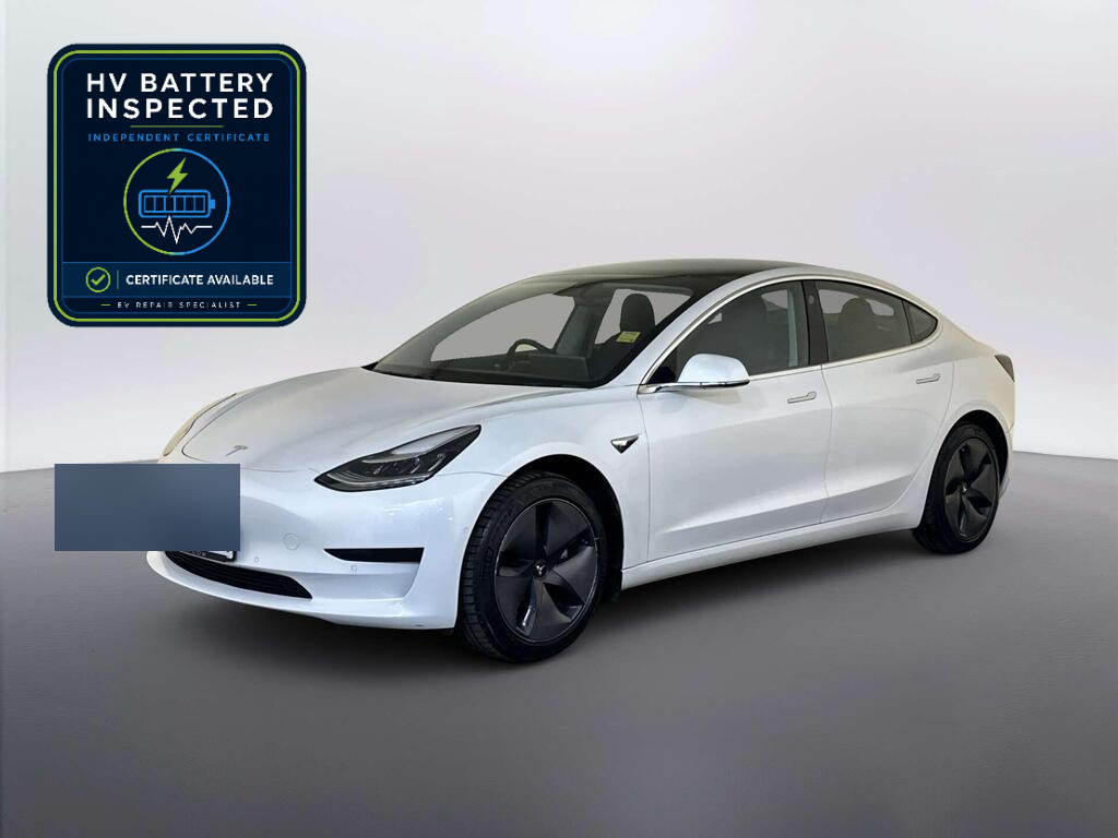 Example electric car advert photo with HV Battery Inspected badge and hidden number plate