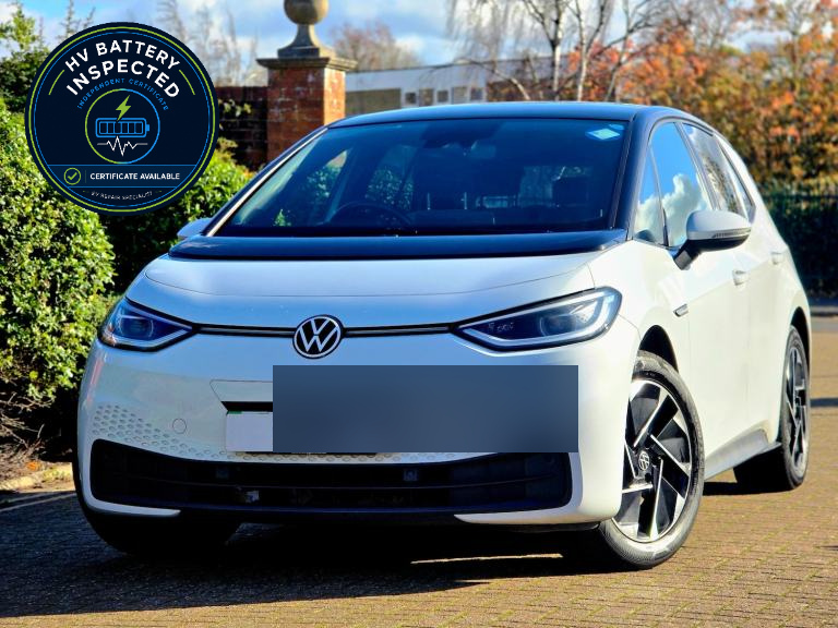 Example EV advert photo with HV Battery Inspected badge and hidden number plate