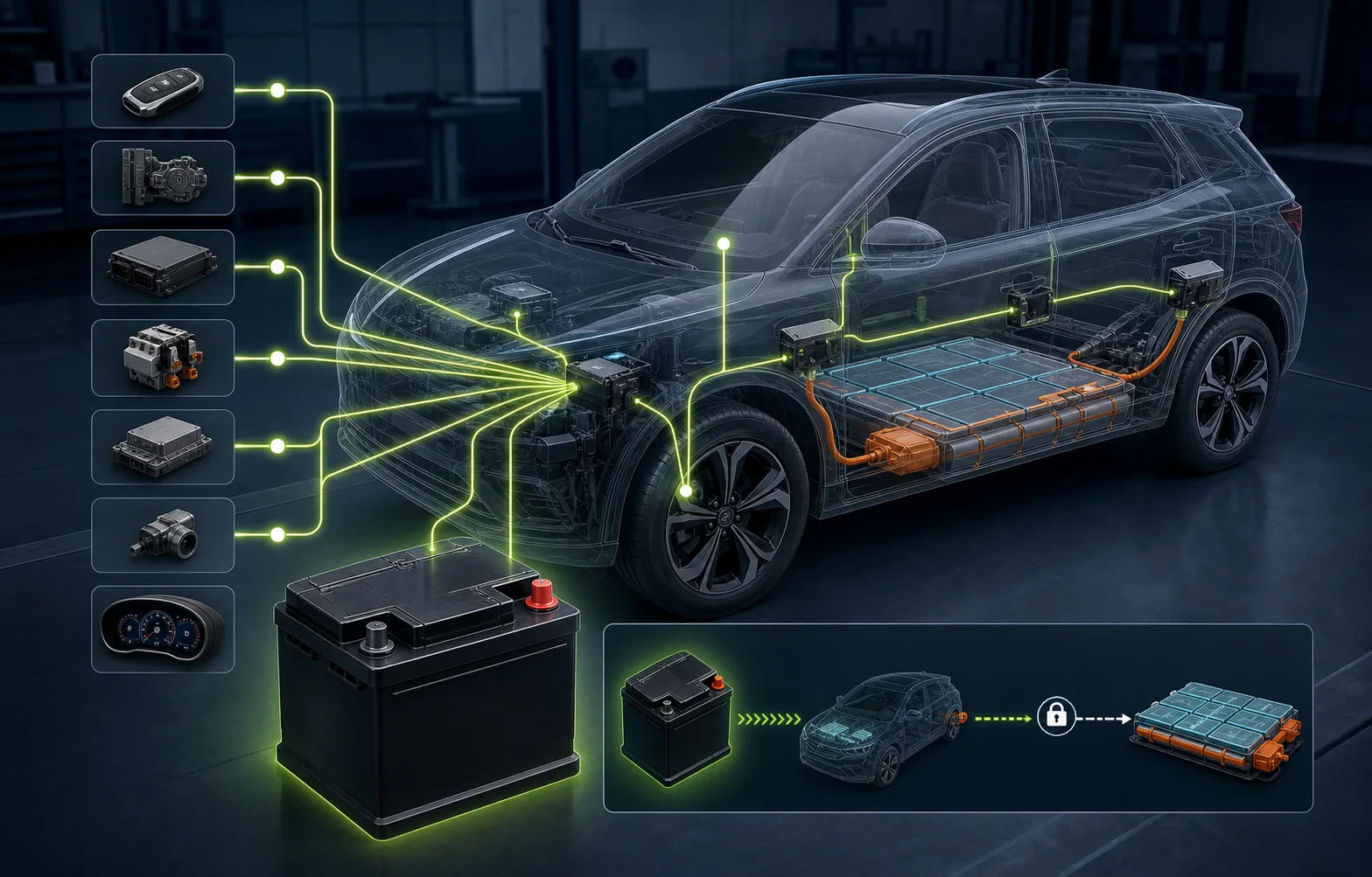 Transparent EV cutaway showing a 12V battery waking control modules and high-voltage contactors
