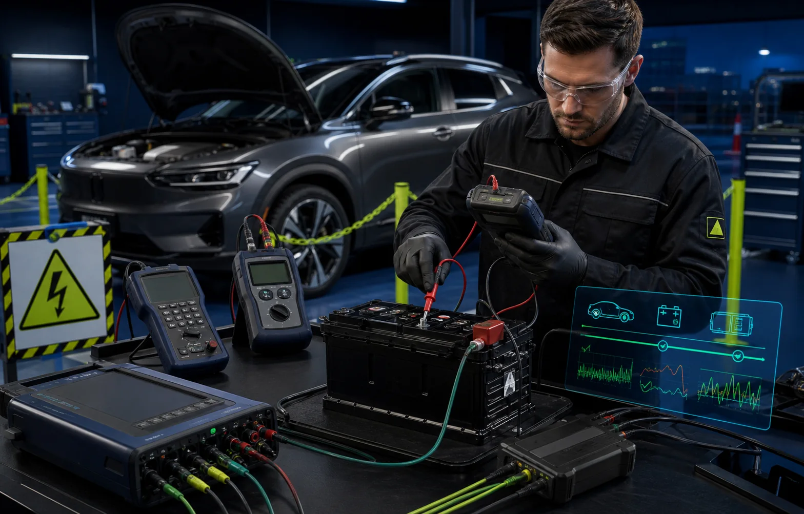 Technician testing EV 12V battery condition charging support and current drain