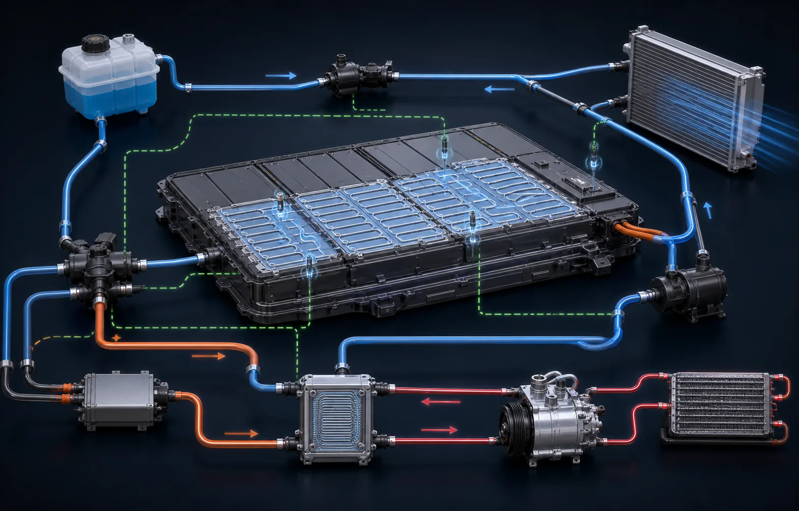 EV battery thermal circuit with cold plate pump radiator reservoir heater and air conditioning chiller