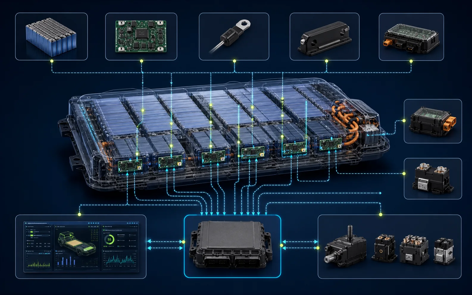 Electric vehicle battery management system architecture with cell monitors current temperature controller and contactors