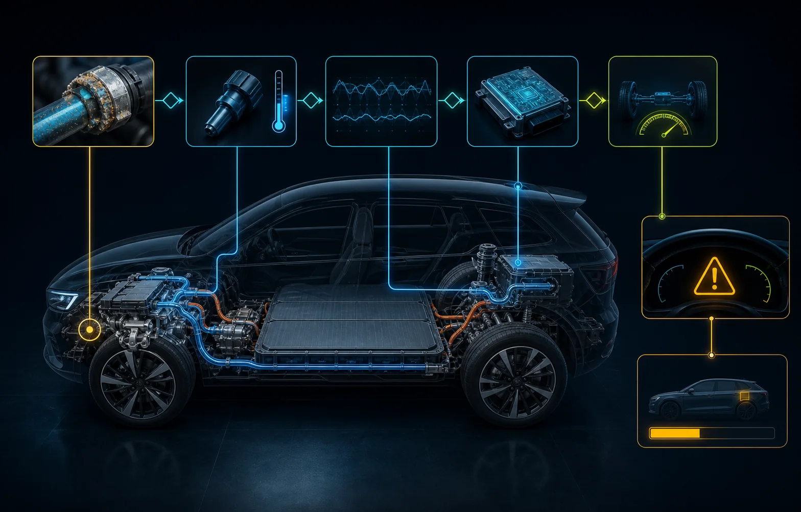 Electric vehicle fault chain from connector problem to warning and reduced power