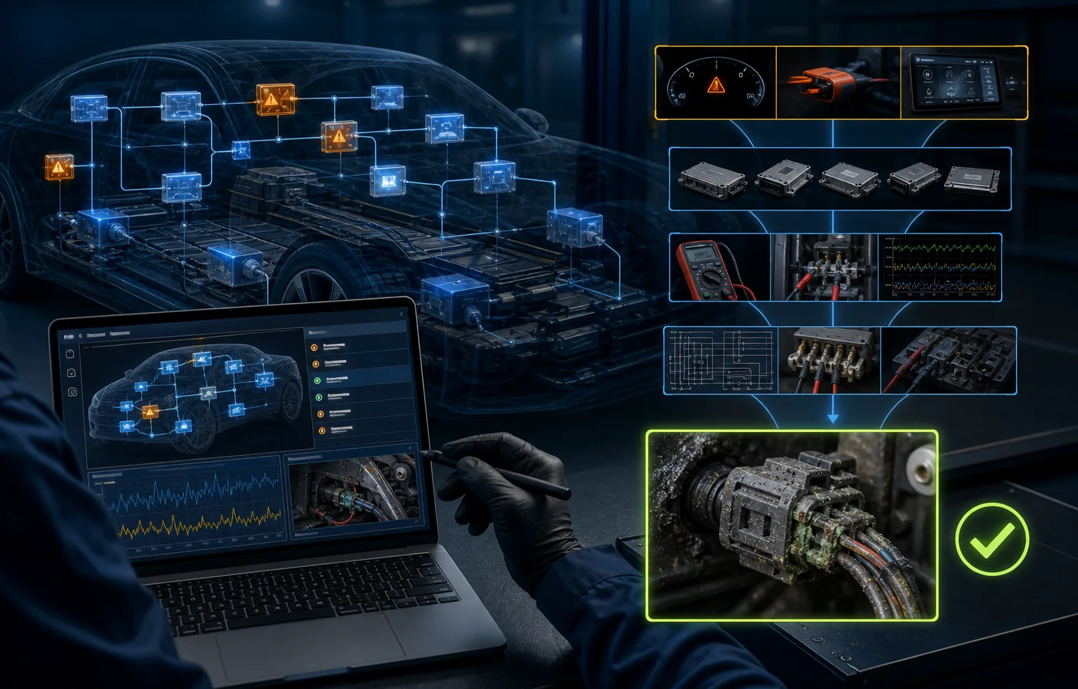 Technician using network scan live data and wiring evidence to identify a corroded connector