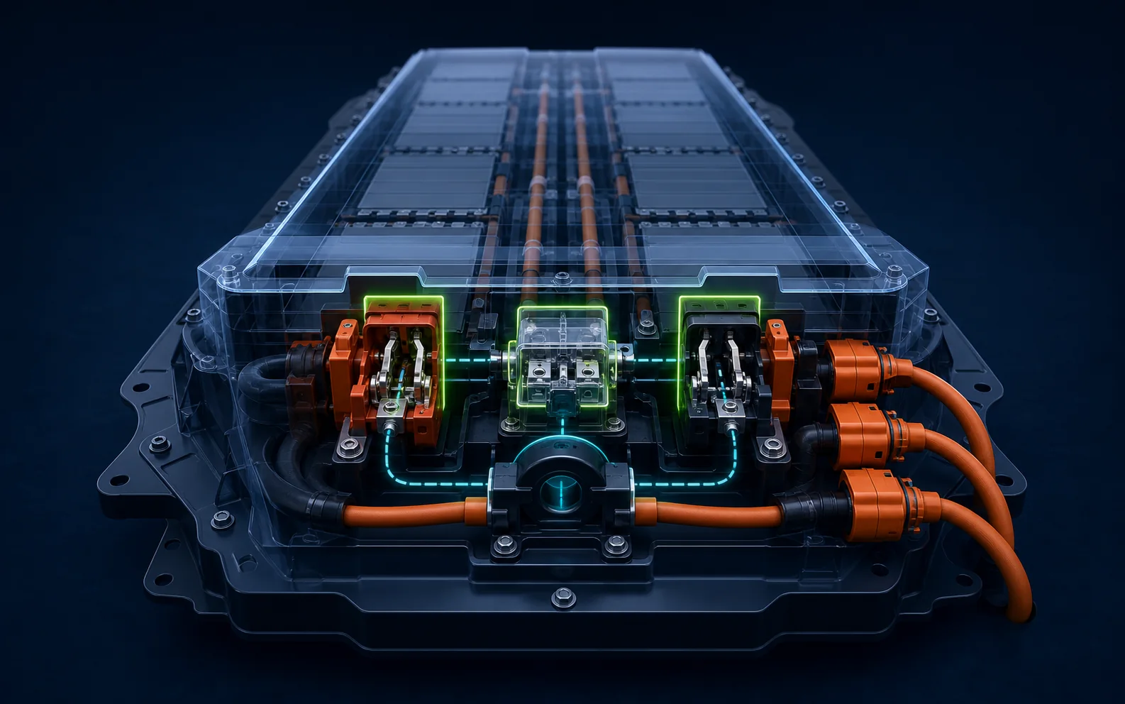 Cutaway EV battery pack showing positive negative and pre-charge contactors in the battery junction box