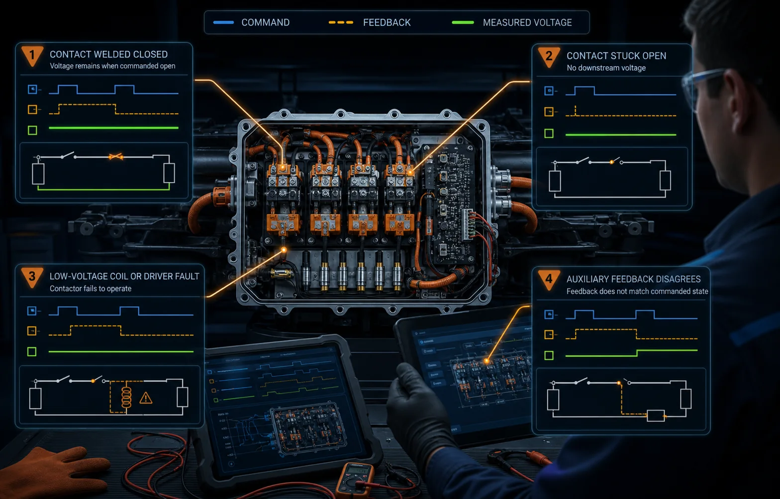 Diagnostic illustration of welded stuck-open coil and feedback faults in EV battery contactors