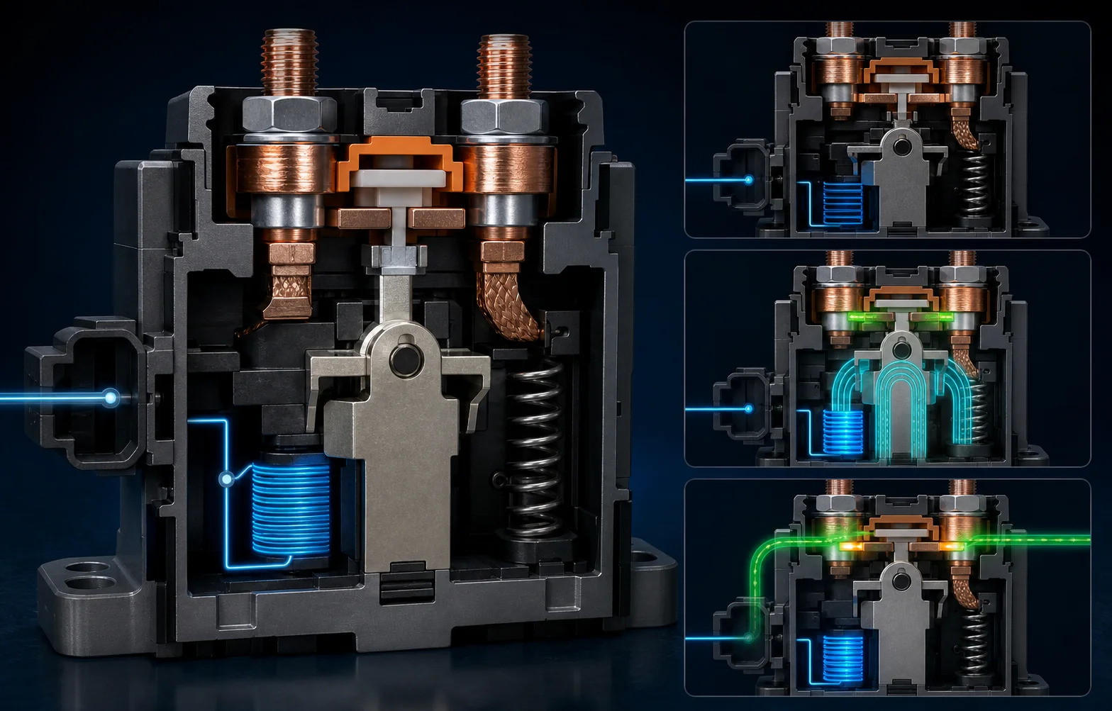 Technical cutaway of an electric vehicle high-voltage contactor showing coil armature and power contacts