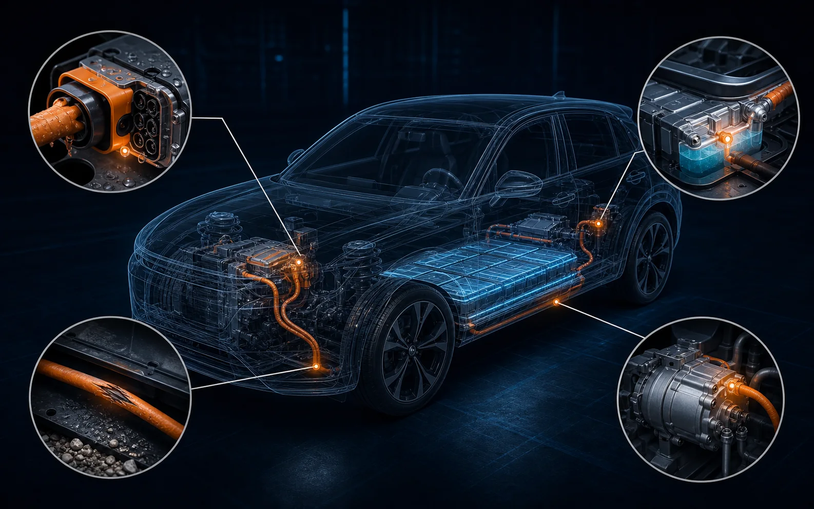 EV cutaway showing possible insulation fault sources including moisture coolant and cable damage