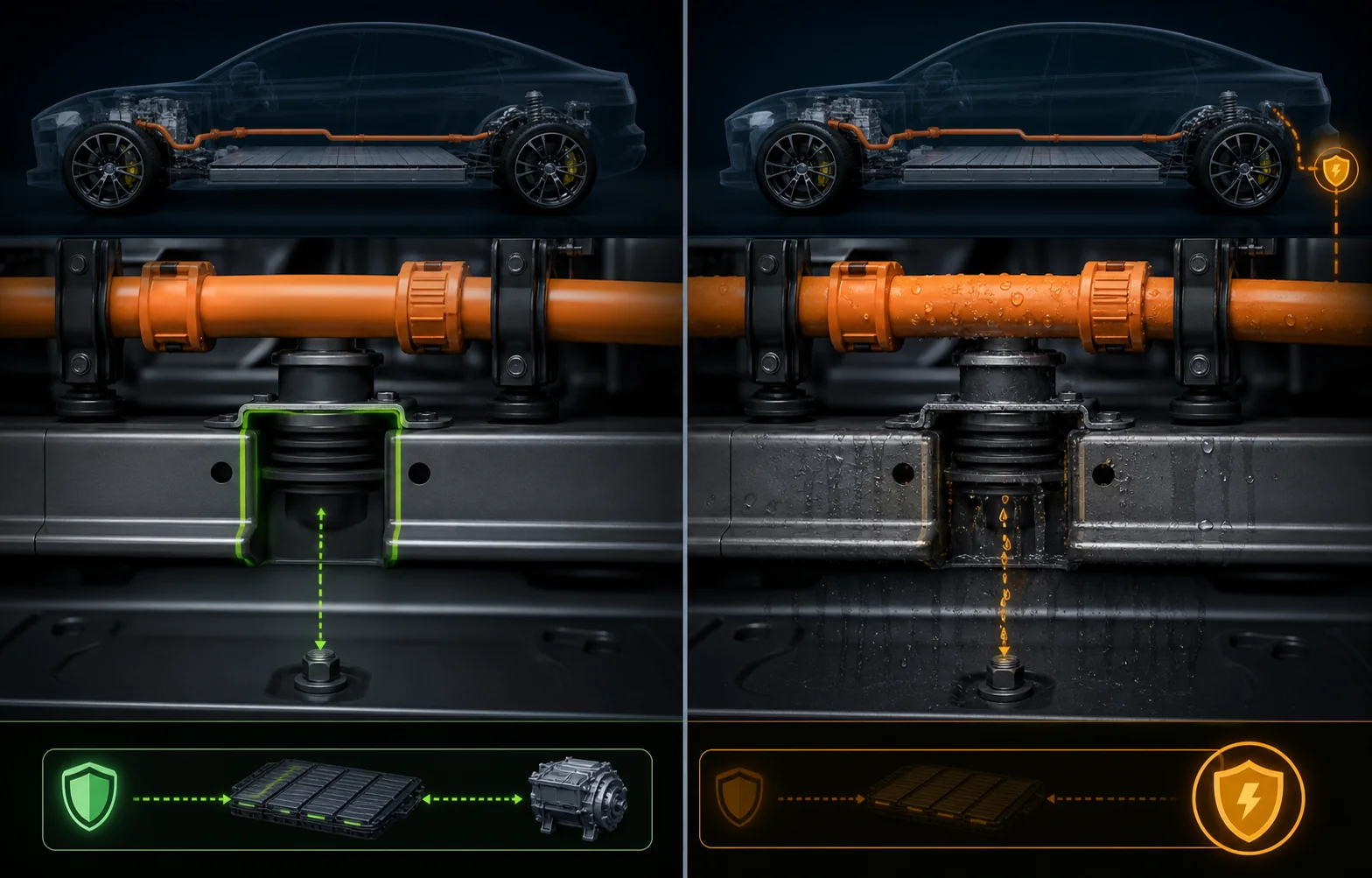 Comparison between healthy EV insulation and moisture-related leakage toward vehicle chassis