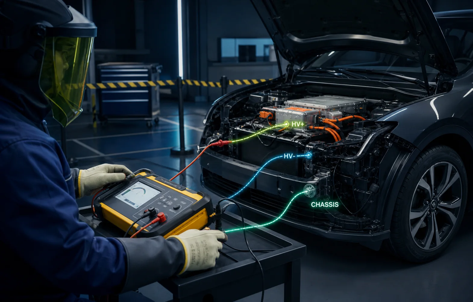 Trained EV technician using an insulation resistance tester on an isolated high-voltage vehicle circuit
