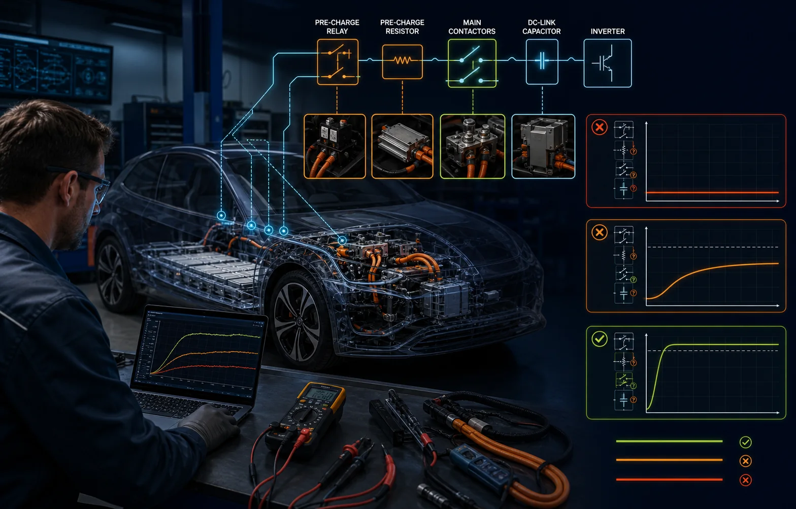 EV technician diagnosing pre-charge relay resistor contactors and DC-link capacitor voltage ramp