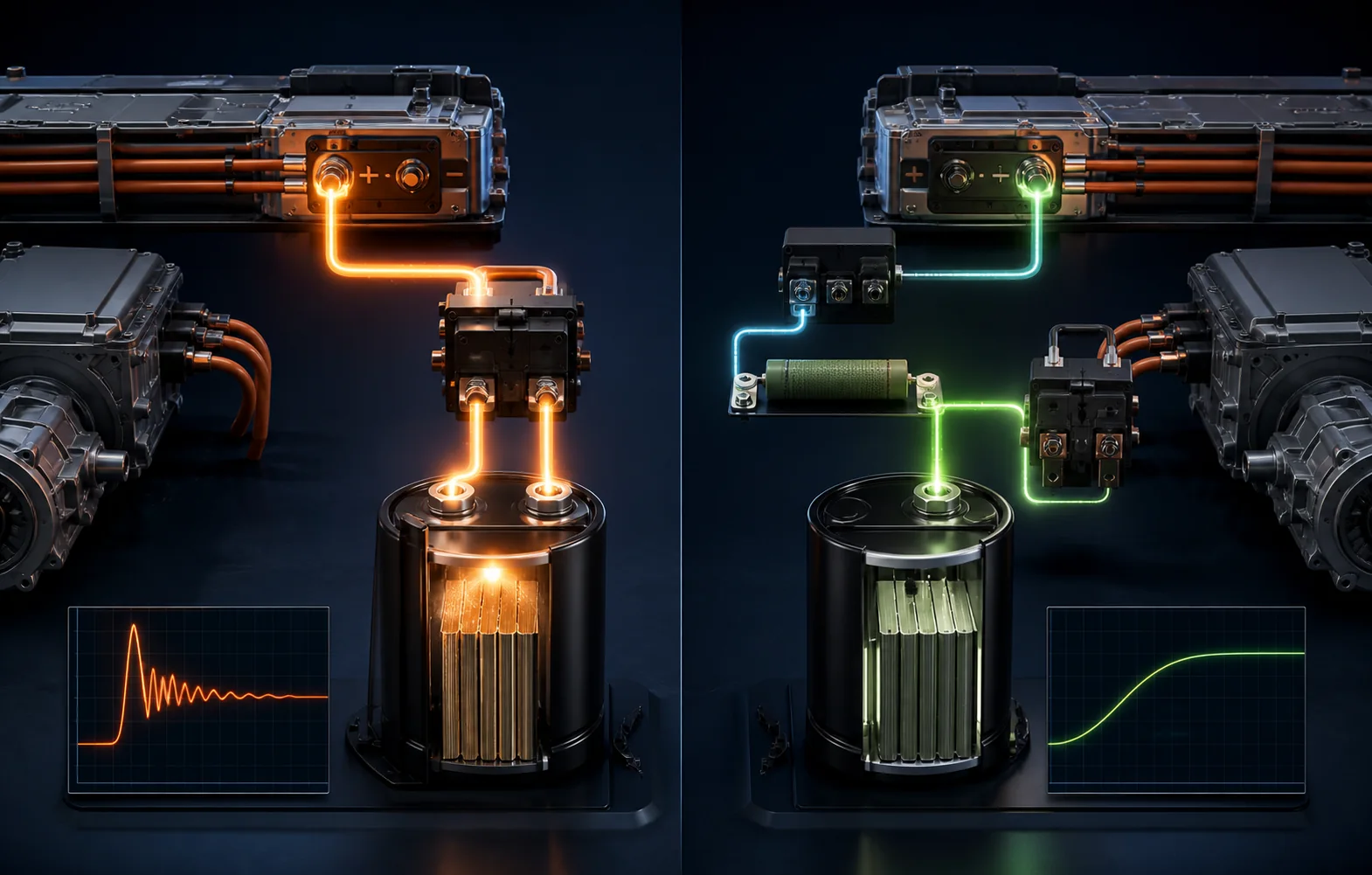 Comparison of uncontrolled EV capacitor inrush current and resistor controlled pre-charge voltage ramp