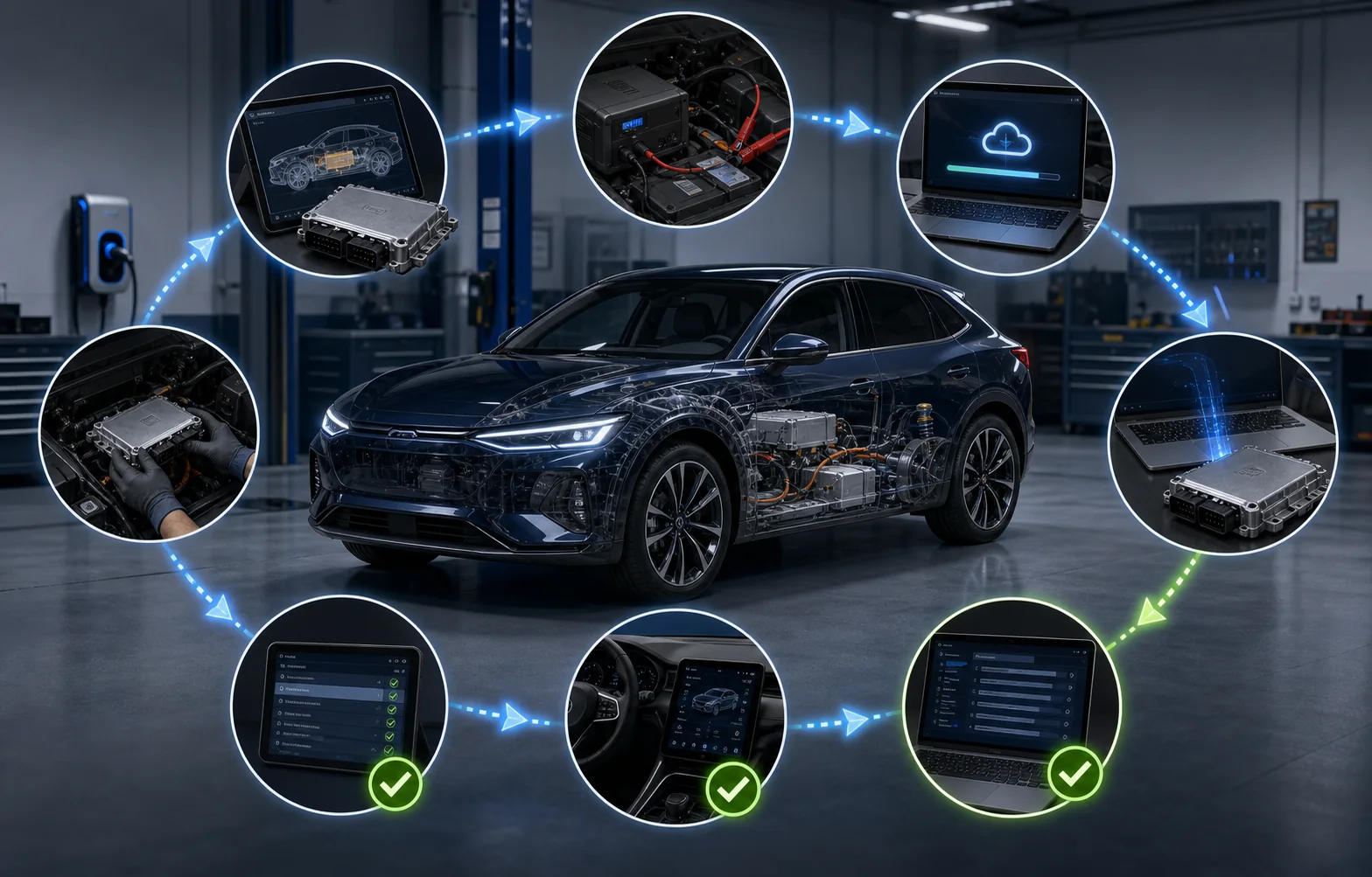 Circular workflow for identifying programming coding calibrating and verifying an EV replacement module