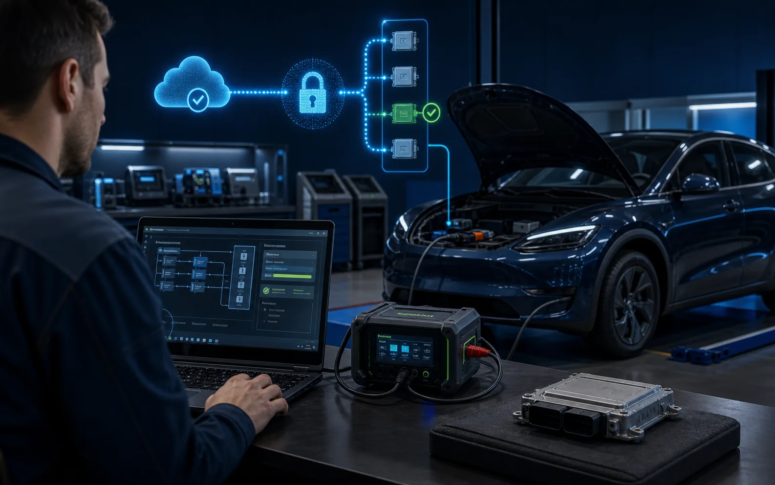 EV technician programming a replacement control module with OEM laptop and voltage support